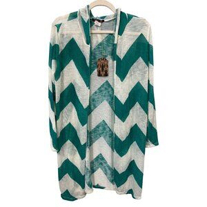 Sievergate Chevron Open Front Hooded Cardigan Size Large Green White Relaxed NEW